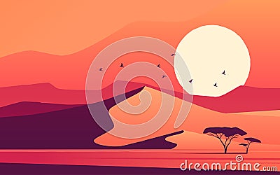 Vivid sunset over the african desert dunes. Vector illustration Vector Illustration