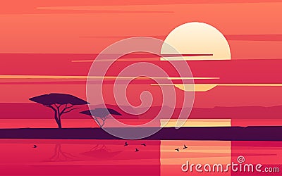 Vivid sunset over the african lake. Vector illustration Vector Illustration