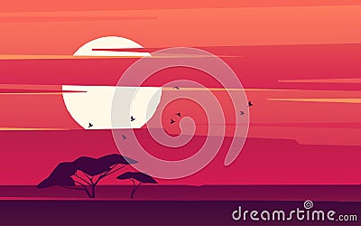 Vivid sunset over the african savanna. Vector illustration Vector Illustration