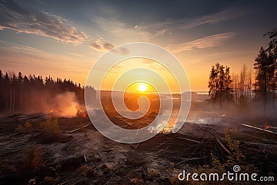 a vivid sunset over a clear-cut forest with smoke rising from burning debris Stock Photo