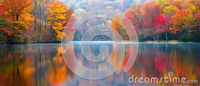 Vivid Tree Leaves Reflect In Serene Lake Amidst Stunning Fall Scenery Stock Photo