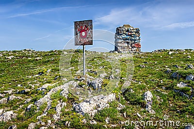 Vivid Trem summit stone and signpost on Dry mountain in Serbia Stock Photo