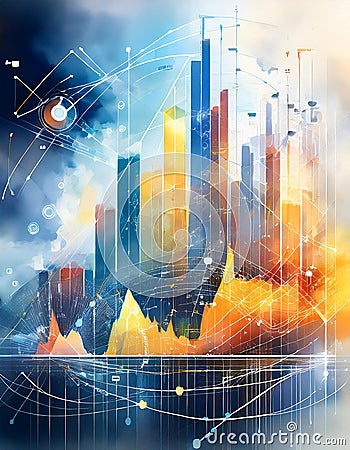 Vivid watercolor of 3D graph with rising bars and data points on a digital interface. Generative AI Stock Photo