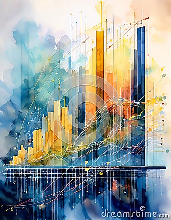 Vivid watercolor of 3D graph with rising bars and data points on a digital interface. Generative AI Stock Photo