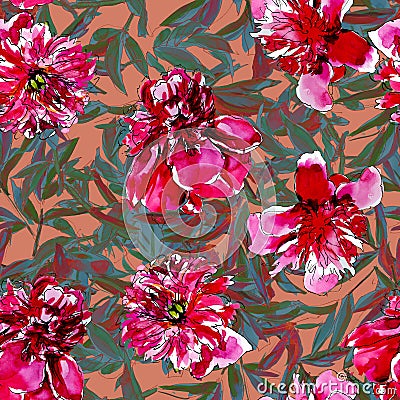 Vivid watercolor peonies on color background Stock Photo