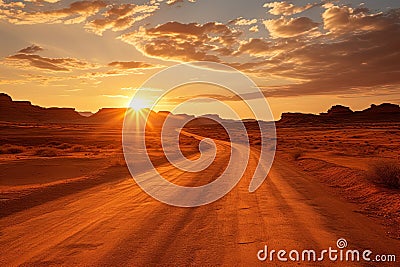 Vivid wide angle morning desert road photo. Conception of travelling and adventures Stock Photo