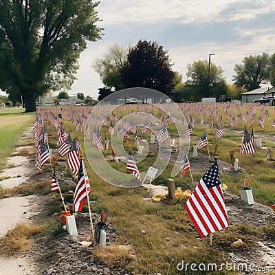 Vivid Wide Shot of Tiny US Flags at the Cemetery for Veterans. Generative AI Stock Photo