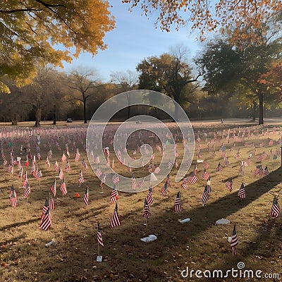 Vivid Wide Shot of Tiny US Flags at the Cemetery for Veterans. Generative AI Stock Photo