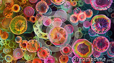 A vividly colored image of fungal spores resembling a psychedelic mosaic of circular shapes with intricate patterns on Stock Photo