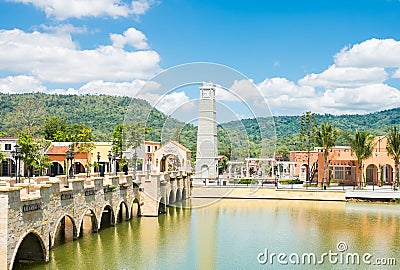Town on landscape moutain background. Stock Photo