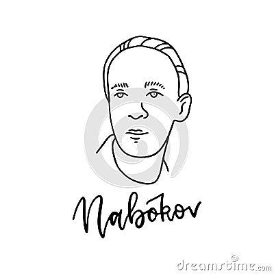 Vladimir Nabokov linear portrait with ink contours. Russian-born novelist, poet, translator and entomologist. Face Vector Illustration