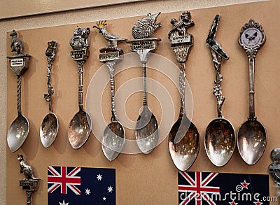 Vladimir, Russia - January 15, 2019: collectible teaspoons with national symbols from collection of Museum of Spoons Editorial Stock Photo