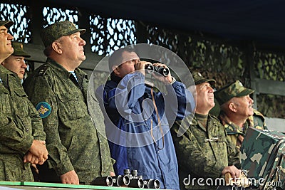 Vladimir Shamanov (L) (Commander-in-Chief Russian Airborne Troops) during Command post exercises with 98-th Guards Airborne Editorial Stock Photo