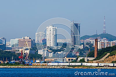 Summer, 2016 - Vladivostok, Russia - Vladivostok Marine Facade. Commercial seaport from the sea side Editorial Stock Photo