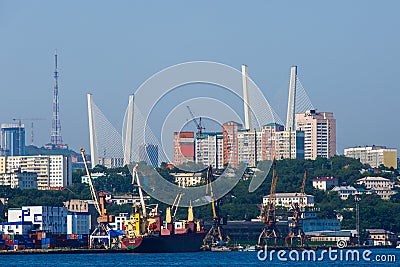 Summer, 2016 - Vladivostok, Russia - Vladivostok Marine Facade. Commercial seaport from the sea side Editorial Stock Photo