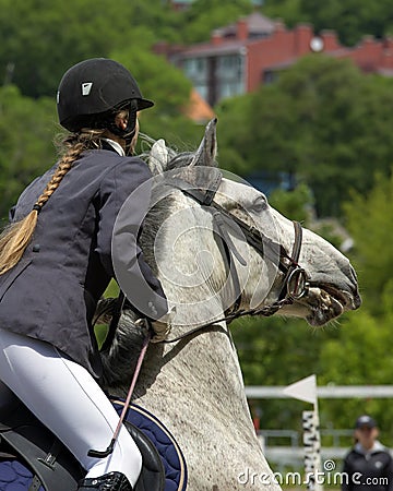 Jump of the horse through the barrier with the rider during the competition Editorial Stock Photo