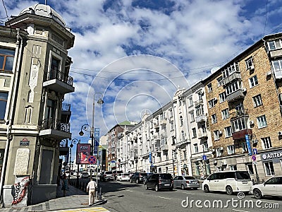 Vladivostok, Russia, August, 24, 2023. Ocean Avenue in Vladivostok in August. Russia Editorial Stock Photo
