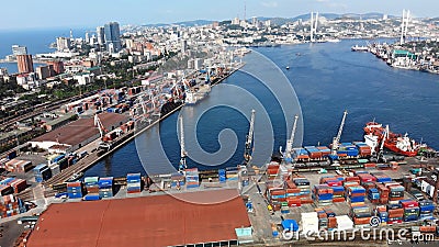 Vladivostok, Russia - August 9, 2021: Top view. Commercial Sea Port. Industrial port with containers. Editorial Stock Photo