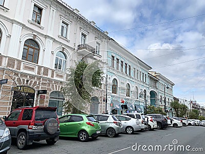 Vladivostok, Russia, October, 26, 2019. Houses No. 5,7 apartment house, tea house and warehouse of the manufactory of Zhuklevich Editorial Stock Photo