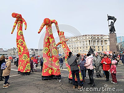 Vladivostok, Russia, March, 01,2020. Festivities on the square of fighters of the Revolution during the celebration of Maslenitsa Editorial Stock Photo