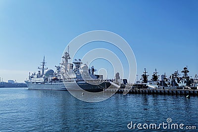 Seascape with Russian warships at the pier Editorial Stock Photo