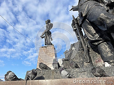 Vladivostok, Russia, October, 18, 2022.Pigeons at the memorial to the Fighters for Soviet Power in the Far East 1917-1922 in the c Editorial Stock Photo