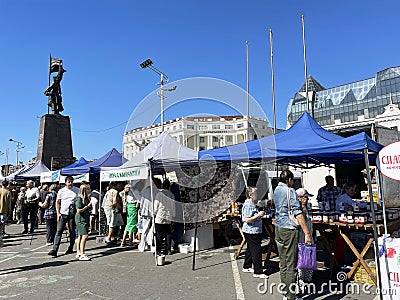 Vladivostok, Russia, September, 28,09, 2023. People buy groceries at the Seaside Food Fair Editorial Stock Photo