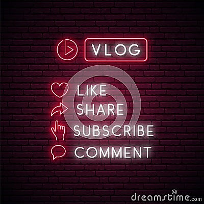 Vlog neon sign. Set of glowing neon icons for blogging. Vector Illustration