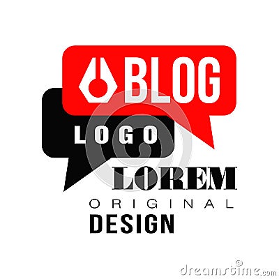 Vlog or video blog label with black and red speech bubbles. Original vector emblem for internet or online television Vector Illustration