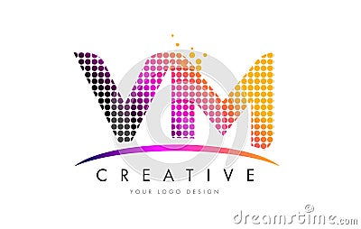 VM V M Letter Logo Design with Magenta Dots and Swoosh Vector Illustration