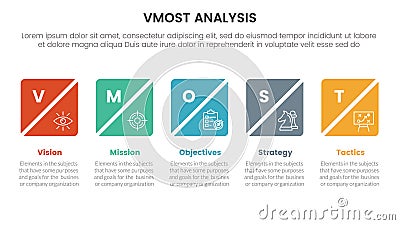 vmost analysis model framework infographic with 5 point stage template with creative square box slice timeline horizontal for Stock Photo