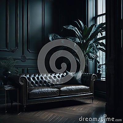 Vntage Kensington Leather Sofa in Luxury Living Room Interior, Soft Light From Window, Green Pot Plant, Wood Parquet Generative Ai Stock Photo