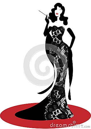 Shop logo fashion woman silhouette diva. Company brand name design, Beautiful luxury cover girl retro woman in black lace dress Vector Illustration