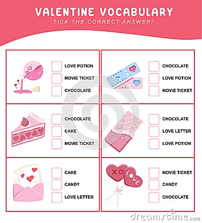 Read and choose the correct answer. Valentine items vocabulary. Worksheet for preschool. Word test game for kids. Vector Illustration