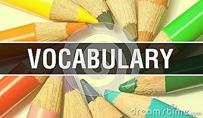 Vocabulary concept banner with texture from colorful items of education, science objects and 1 september School supplies. Stock Photo