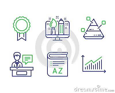 Vocabulary, Creative design and Reward icons set. Pyramid chart, Exhibitors and Graph signs. Vector Vector Illustration