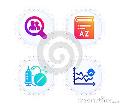 Vocabulary, Search employees and Medical drugs icons set. Seo analysis sign. Vector Vector Illustration