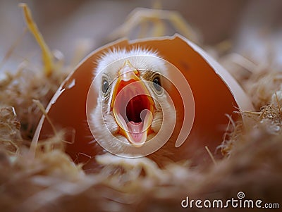 Vocal newborn chick in a nest, its beak wide open in a natural instinct Stock Photo