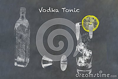 Vodka Tonic Cocktail sketched on chalkboard Stock Photo