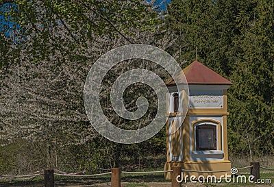 Vodnanske Svobodne Hory village in spring color day with fruit tree and chapel Stock Photo