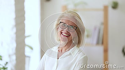 Voelt de aantrekkelijke onderneemster die van het Headshotportret camera bekijken die gelukkig lachen stock videobeelden Voelt de aantrekkelijke onderneemster die van het Headshotportret camera bekijken die gelukkig lachen stock videobeelden