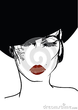 Vogue graphic woman portrait with red lips and hat Vector Illustration