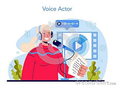 Voice actor concept. Actor dubbing or voicing over a cartoon, movie Vector Illustration