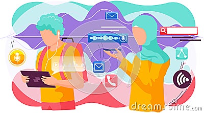 Voice assistant. Smart speaker virtual assistant, sound robot, people using voice controlled smart speaker Vector Illustration