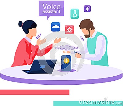 Voice assistant. Smart speaker virtual assistant, sound robot, people using voice controlled smart speaker Vector Illustration
