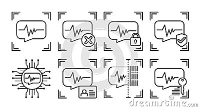Voice identification scan black line icons set. Concept of: verifying person, blocked user, security, approved, ai, id, scanning, Vector Illustration