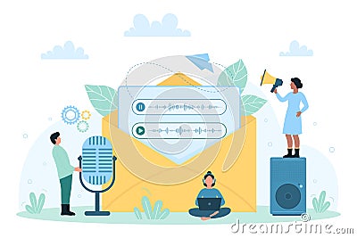 Voice mail service, tiny people record audio message, use laptop, big microphone Vector Illustration