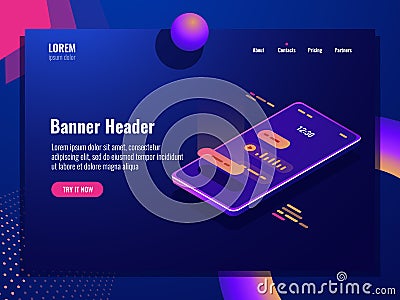 Voice message, chat room dialog isometric icon, send mobile message, smartphone dark neon Vector Illustration