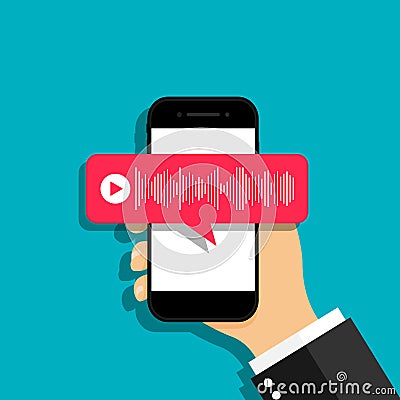 Voice message in smartphone. Sound bubble in chat of mobile phone. Icon of voice message in smartphone screen. Hand of man holding Vector Illustration