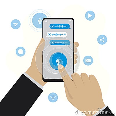 Voice messages concept. Hands holding smartphone. Online chat technology, communication in instant messengers and social media Vector Illustration